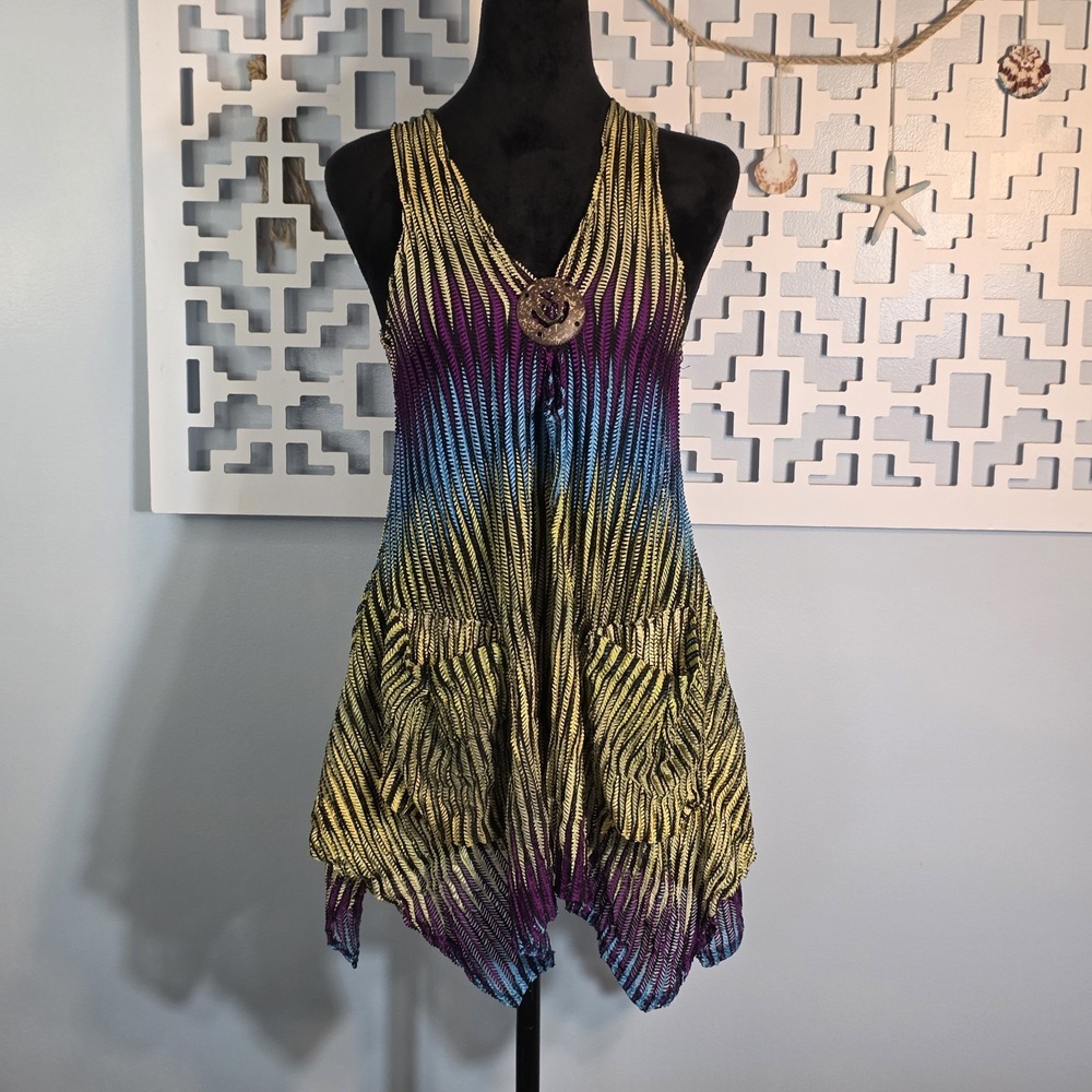 Paradis USA XS/S Boho Knit Tunic Dress Colorful Ombre Sleeveless Pockets
